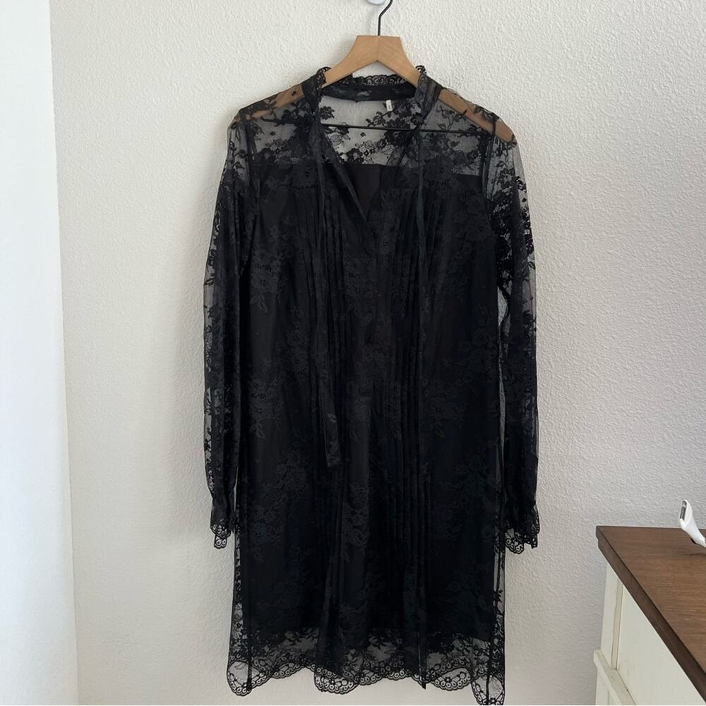Elie Tahari Lace Long Sleeve Semi Sheer Dress Tie Front Lined Small